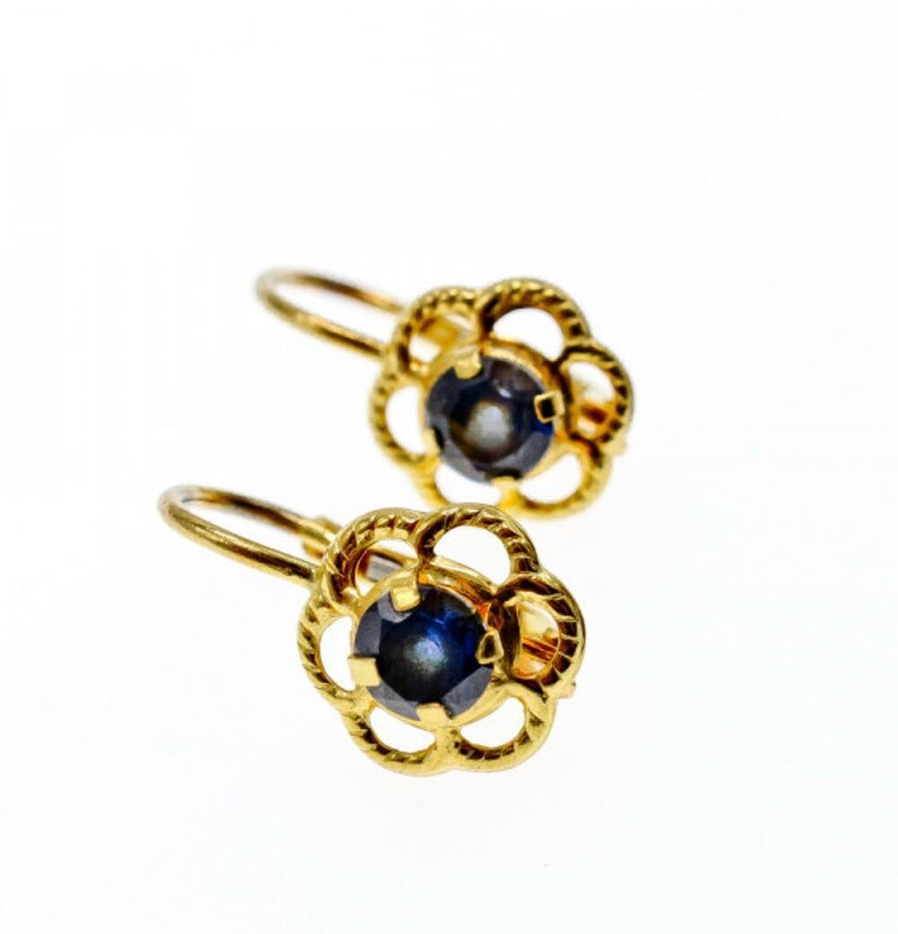 18K Yellow Gold Blue Spinel "Flowers" Earrings Italy